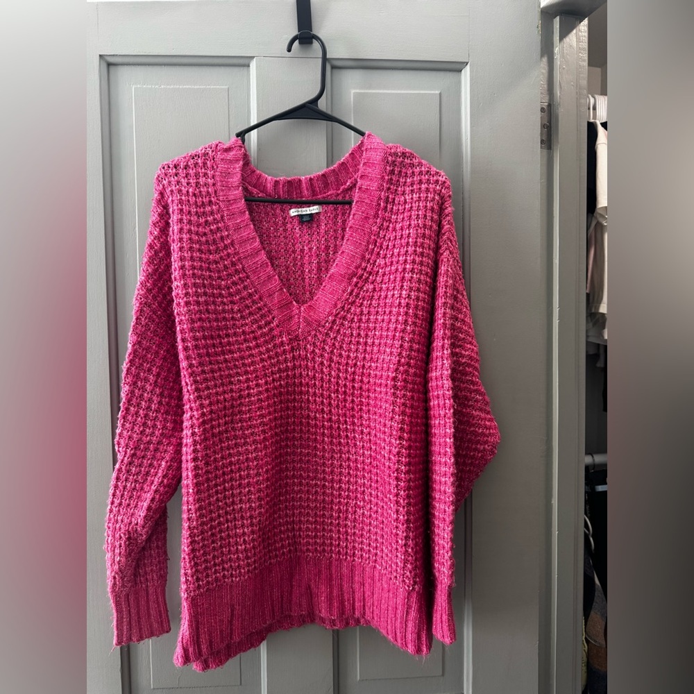 American Eagle Outfitters Bright Pink V-Neck Waffle Knit Sweater